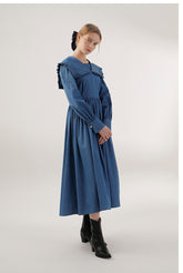 Pleated Linen Midi Dress with Ruffle Collar and Long Sleeves